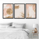 Set of 3 Abstract Blush Pink and Gold Art Prints in Black Frames | Artze UK