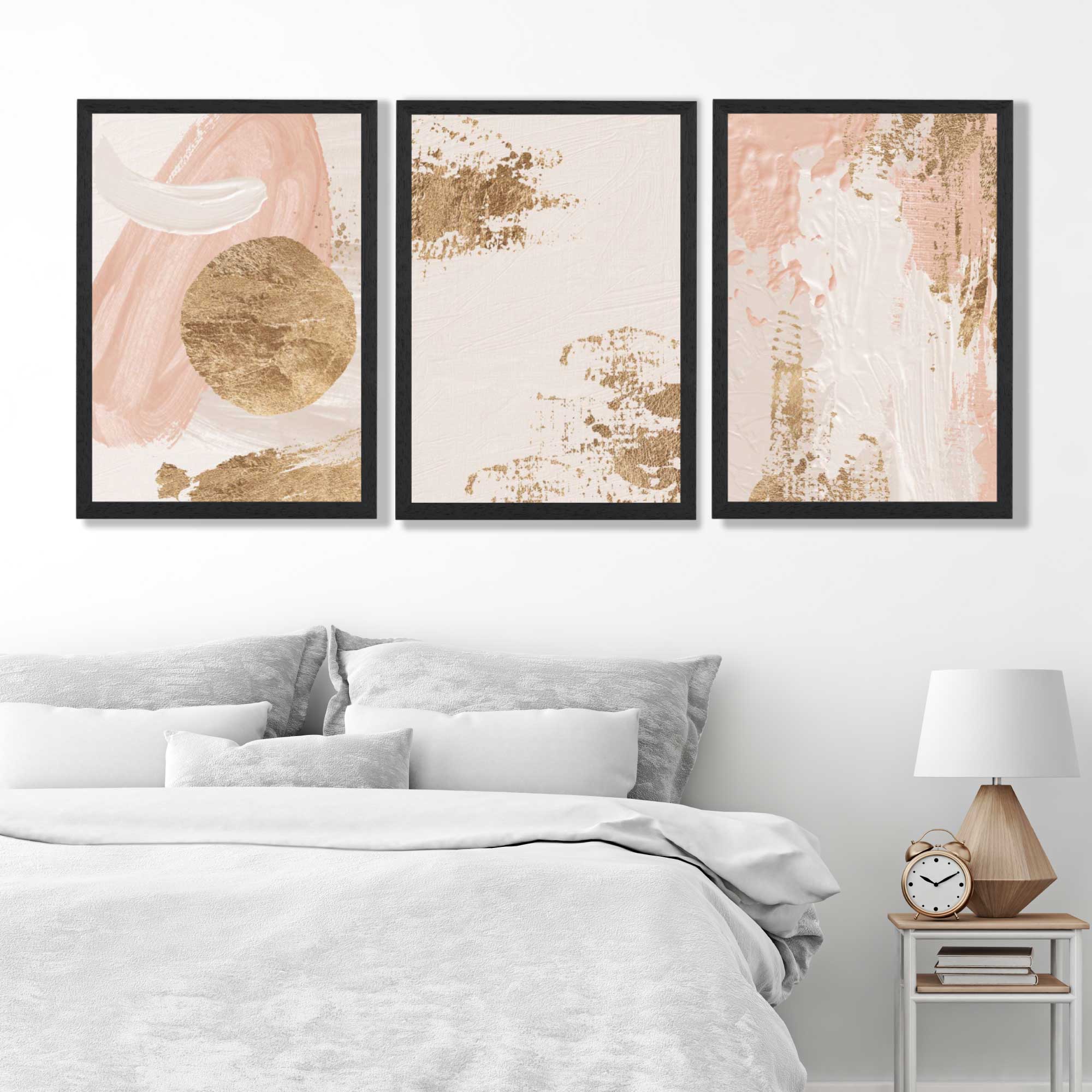 Set of 3 Abstract Blush Pink and Gold Art Prints in Black Frames | Artze UK