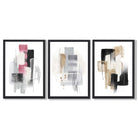 Set of 3 Abstract Black Pink and Silver Framed Art Prints with Black Wooden Frames