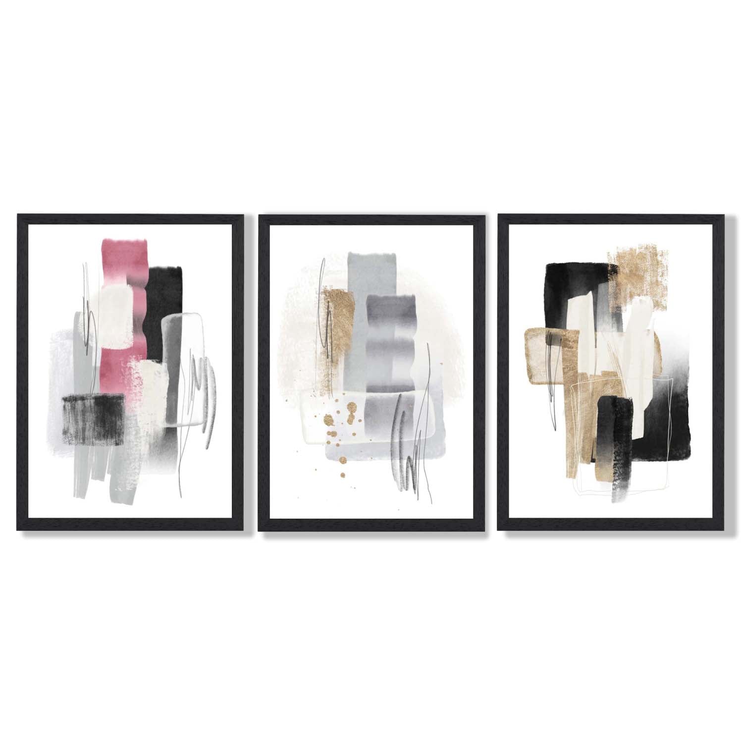 Set of 3 Abstract Black Pink and Silver Framed Art Prints with Black Wooden Frames