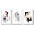 Set of 3 Abstract Black Pink and Silver Framed Art Prints with Dark Grey Wooden Frames