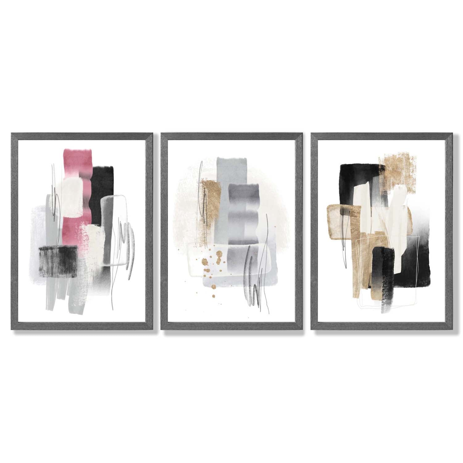 Set of 3 Abstract Black Pink and Silver Framed Art Prints with Dark Grey Wooden Frames