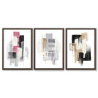 Set of 3 Abstract Black Pink and Silver Framed Art Prints with Dark Wood Frames