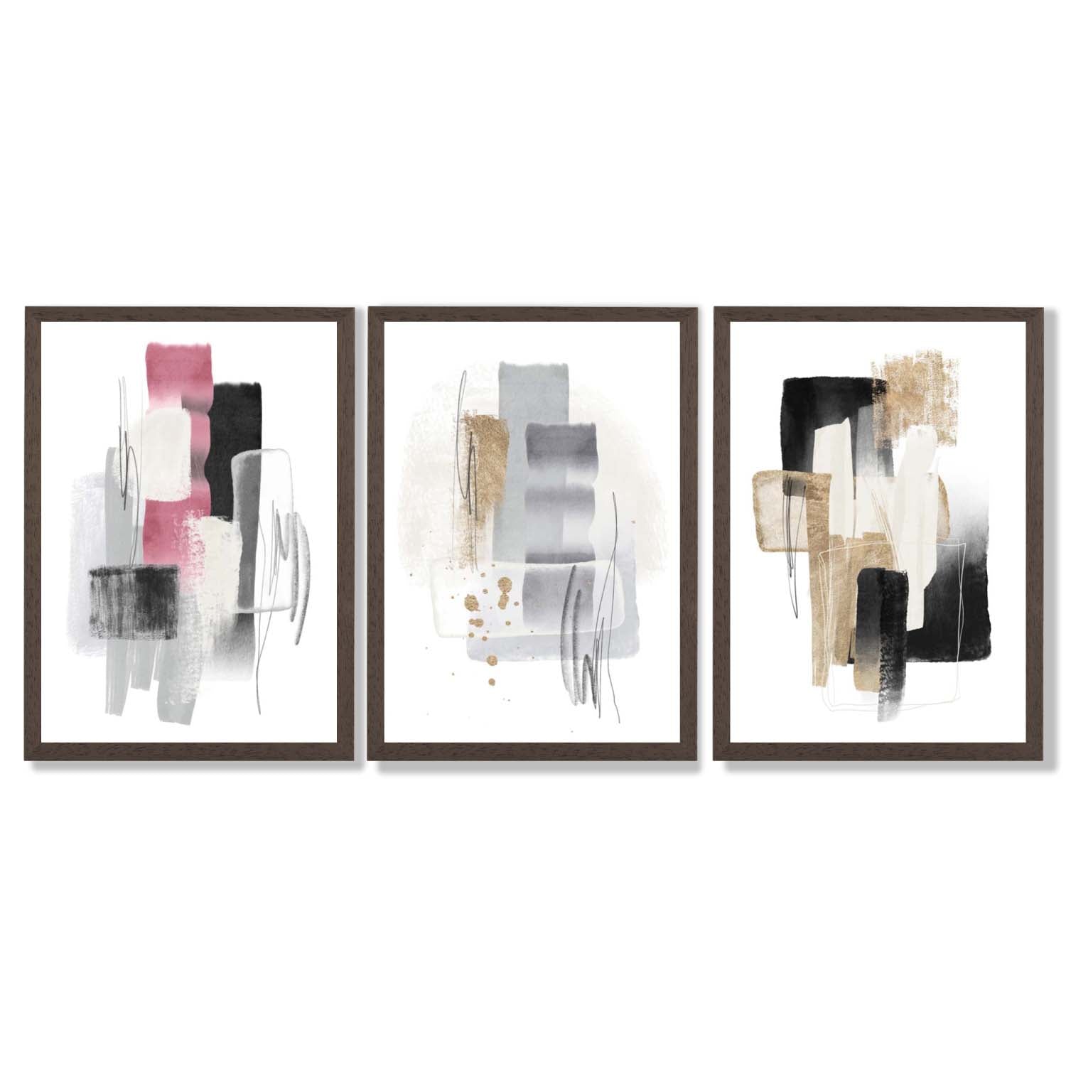 Set of 3 Abstract Black Pink and Silver Framed Art Prints with Dark Wood Frames