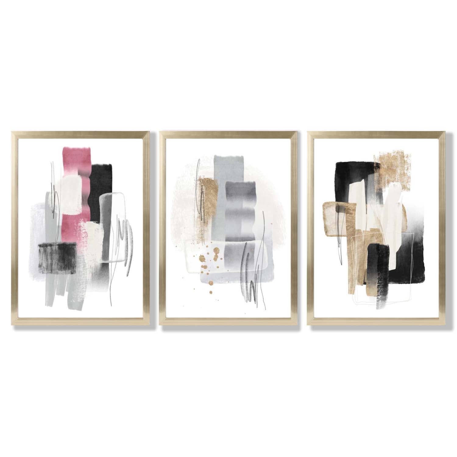Set of 3 Abstract Black Pink and Silver Framed Art Prints with Gold Wood Frames