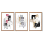 Set of 3 Abstract Black Pink and Silver Framed Art Prints with Light Oak Frames
