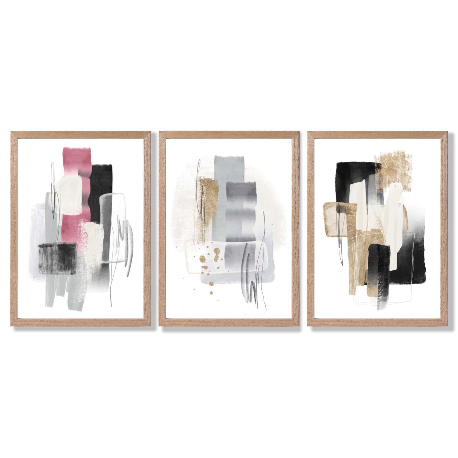 Set of 3 Abstract Black Pink and Silver Framed Art Prints with Light Oak Frames