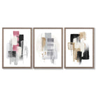 Set of 3 Abstract Black Pink and Silver Framed Art Prints with Light Walnut Frames