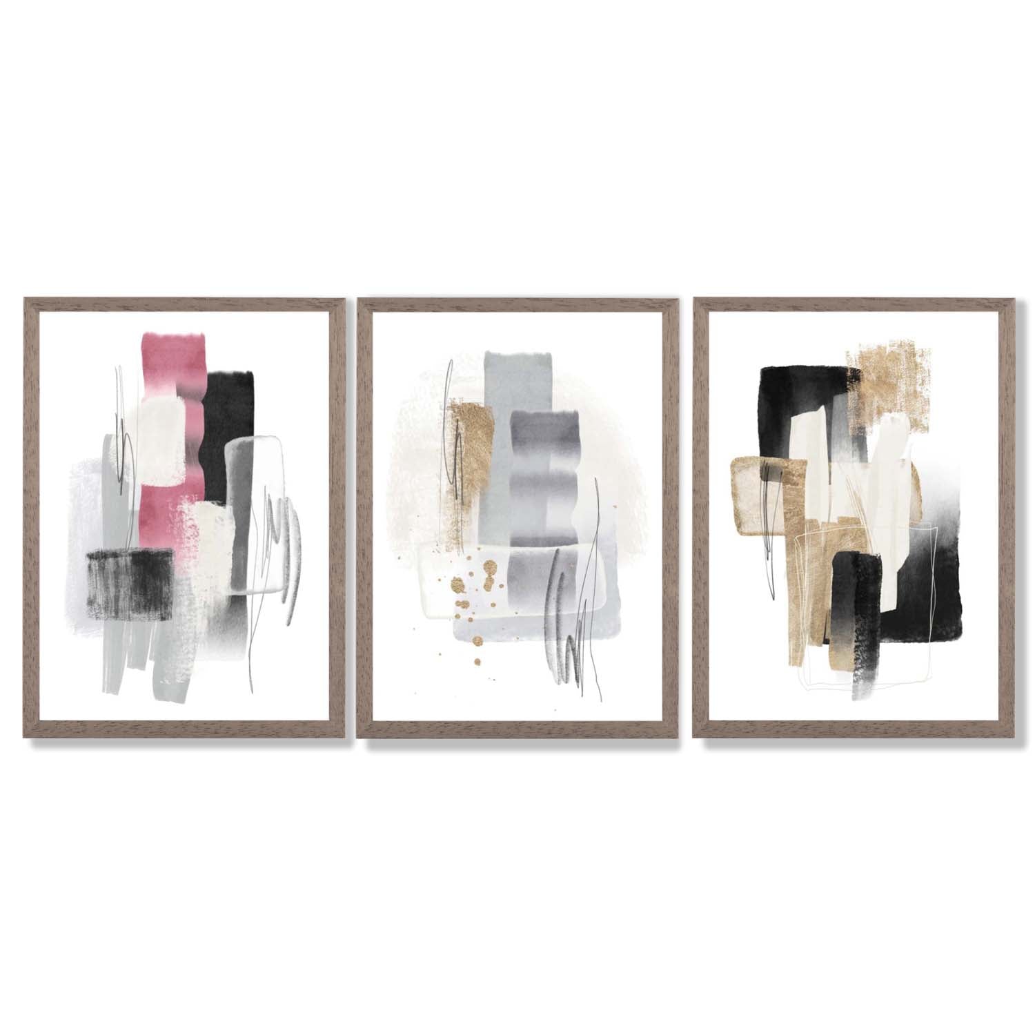 Set of 3 Abstract Black Pink and Silver Framed Art Prints with Light Walnut Frames