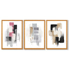 Set of 3 Abstract Black Pink and Silver Framed Art Prints with Oak Wooden Frames