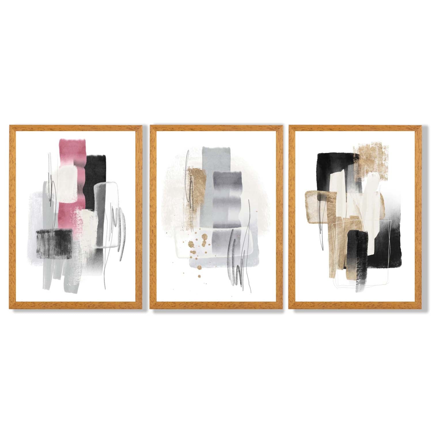 Set of 3 Abstract Black Pink and Silver Framed Art Prints with Oak Wooden Frames