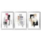 Set of 3 Abstract Black Pink and Silver Framed Art Prints with Silver Wood Frames