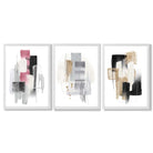 Set of 3 Abstract Black Pink and Silver Framed Art Prints with White Wooden Frames