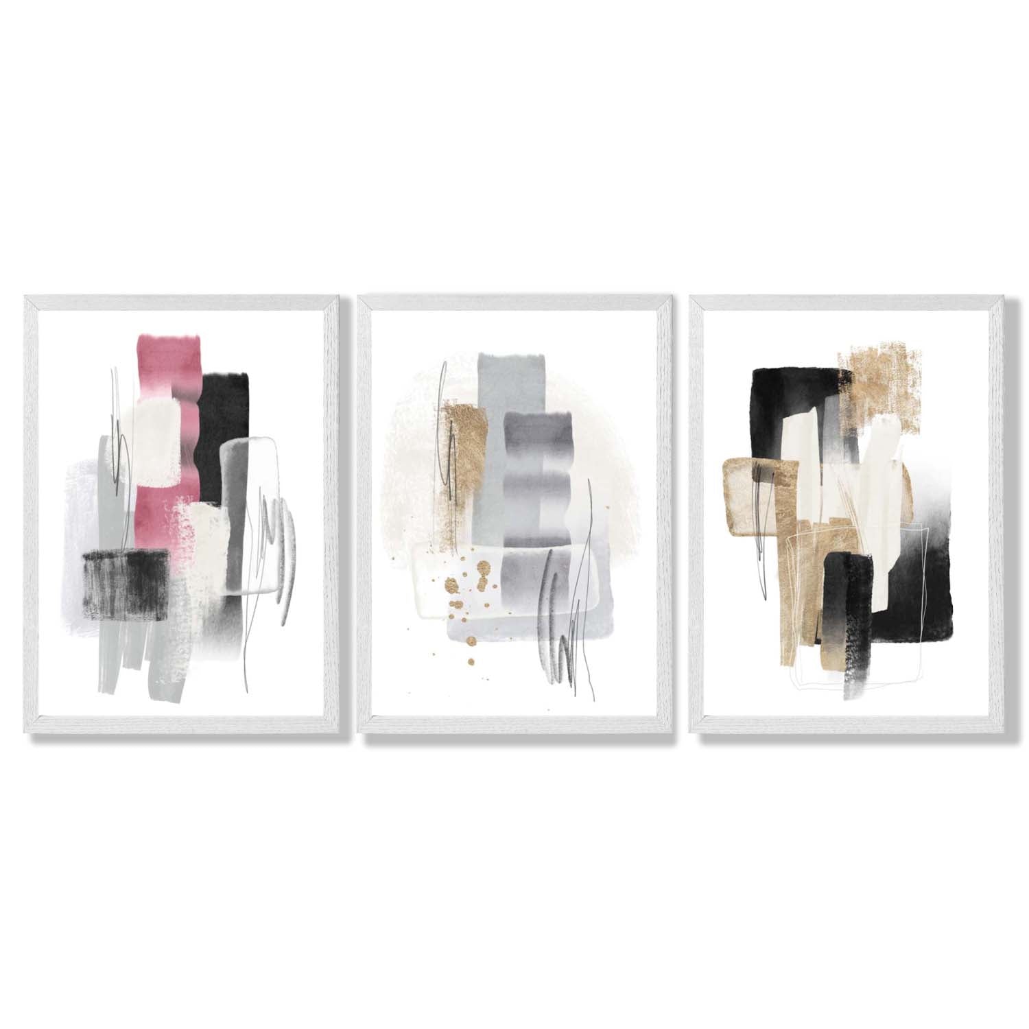 Set of 3 Abstract Black Pink and Silver Framed Art Prints with White Wooden Frames