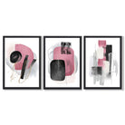Set of 3 Abstract Black and Pink Watercolour Framed Art Prints with Black Wooden Frames