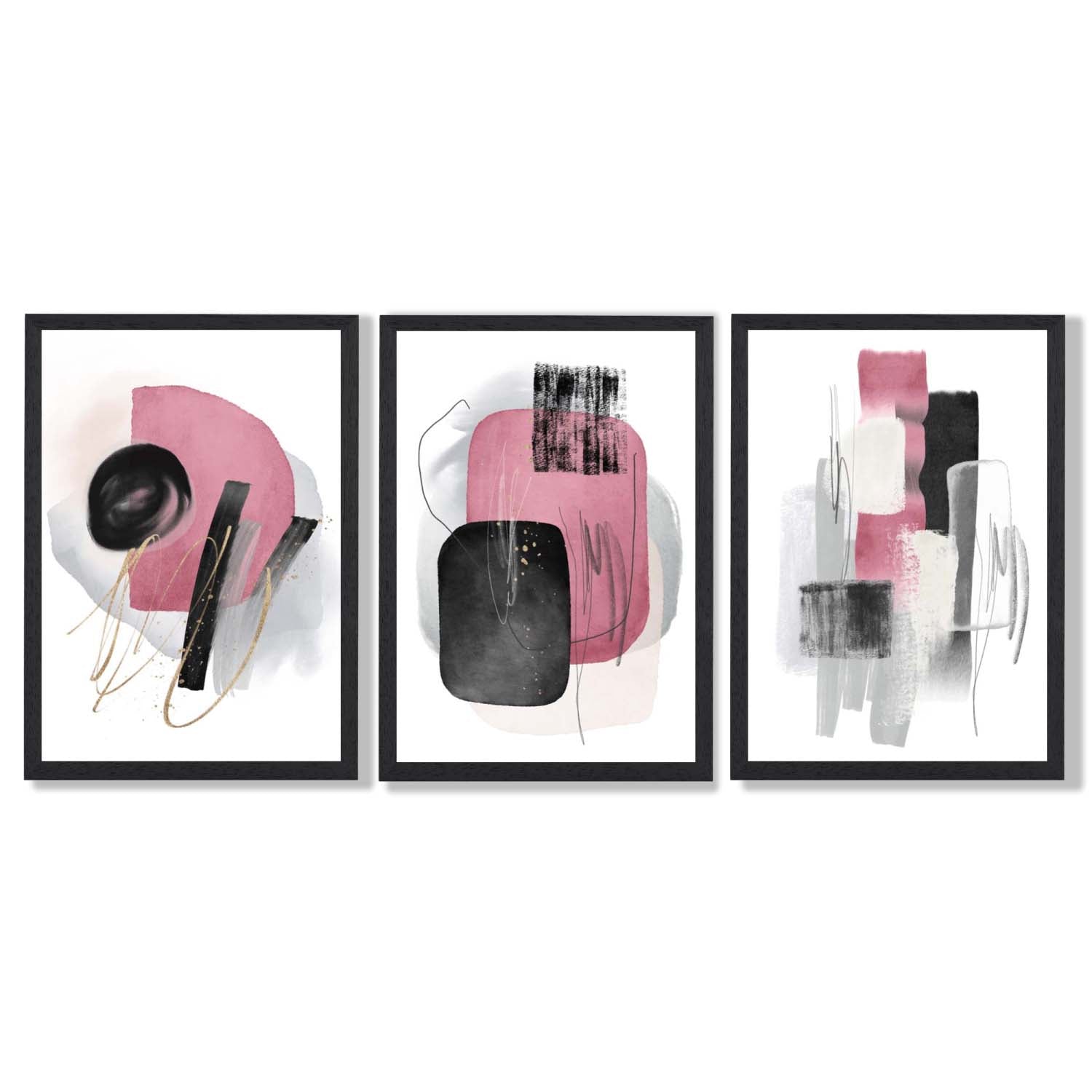Set of 3 Abstract Black and Pink Watercolour Framed Art Prints with Black Wooden Frames