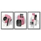 Set of 3 Abstract Black and Pink Watercolour Framed Art Prints with Dark Grey Wooden Frames
