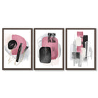 Set of 3 Abstract Black and Pink Watercolour Framed Art Prints with Dark Wood Frames