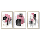 Set of 3 Abstract Black and Pink Watercolour Framed Art Prints with Gold Wood Frames