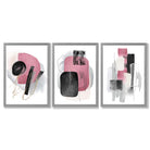 Set of 3 Abstract Black and Pink Watercolour Framed Art Prints with Light Grey Wooden Frames