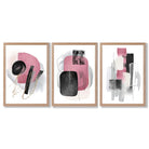 Set of 3 Abstract Black and Pink Watercolour Framed Art Prints with Light Oak Frames