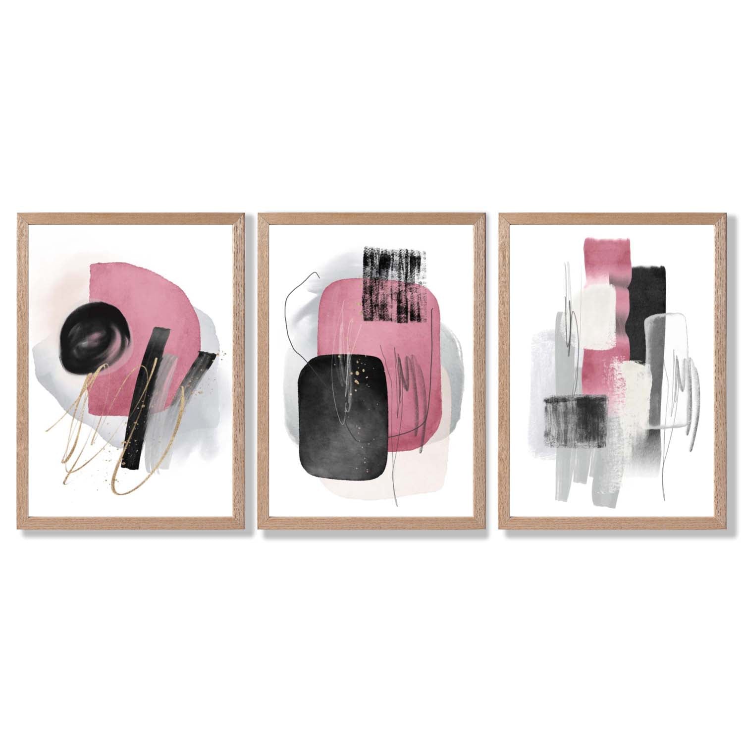 Set of 3 Abstract Black and Pink Watercolour Framed Art Prints with Light Oak Frames