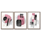 Set of 3 Abstract Black and Pink Watercolour Framed Art Prints with Light Walnut Frames