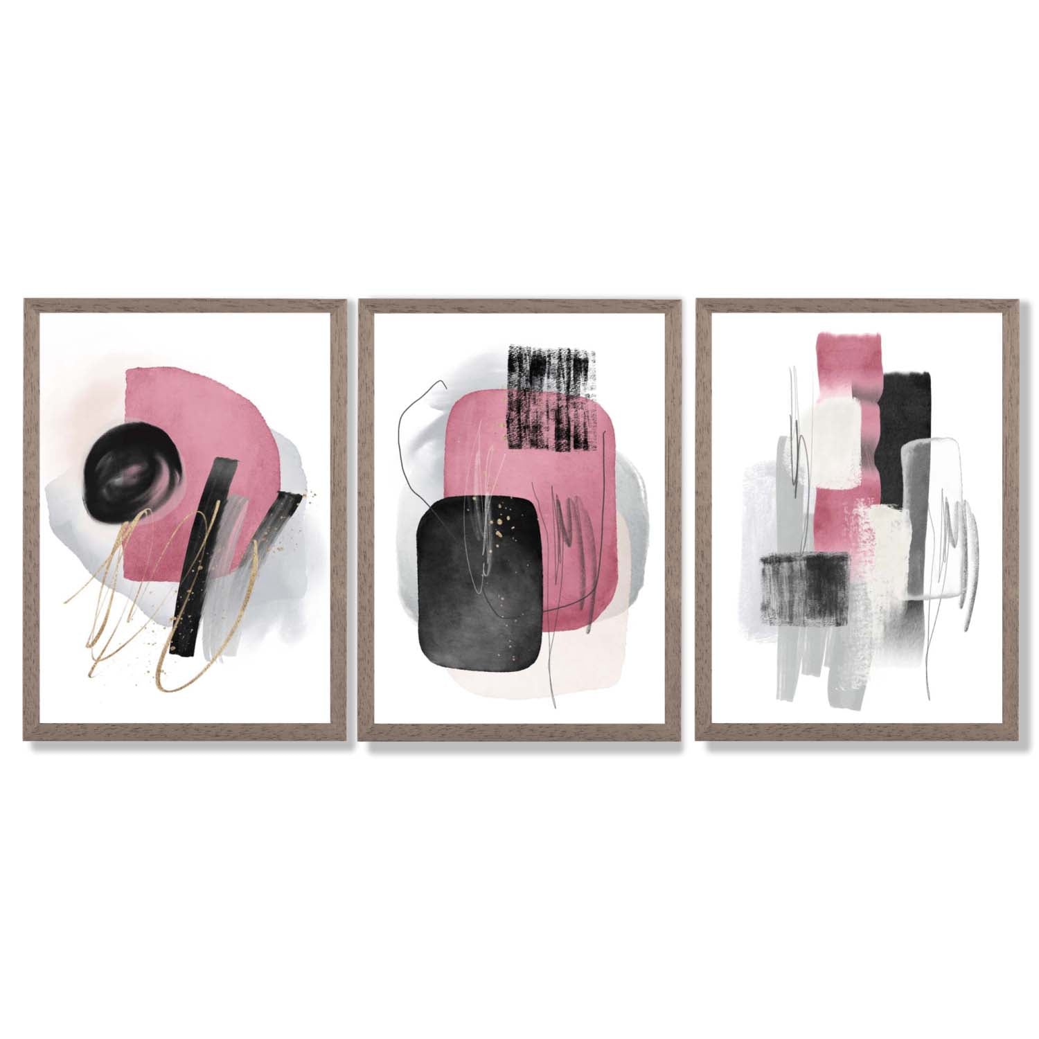 Set of 3 Abstract Black and Pink Watercolour Framed Art Prints with Light Walnut Frames