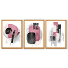 Set of 3 Abstract Black and Pink Watercolour Framed Art Prints with Oak Wooden Frames