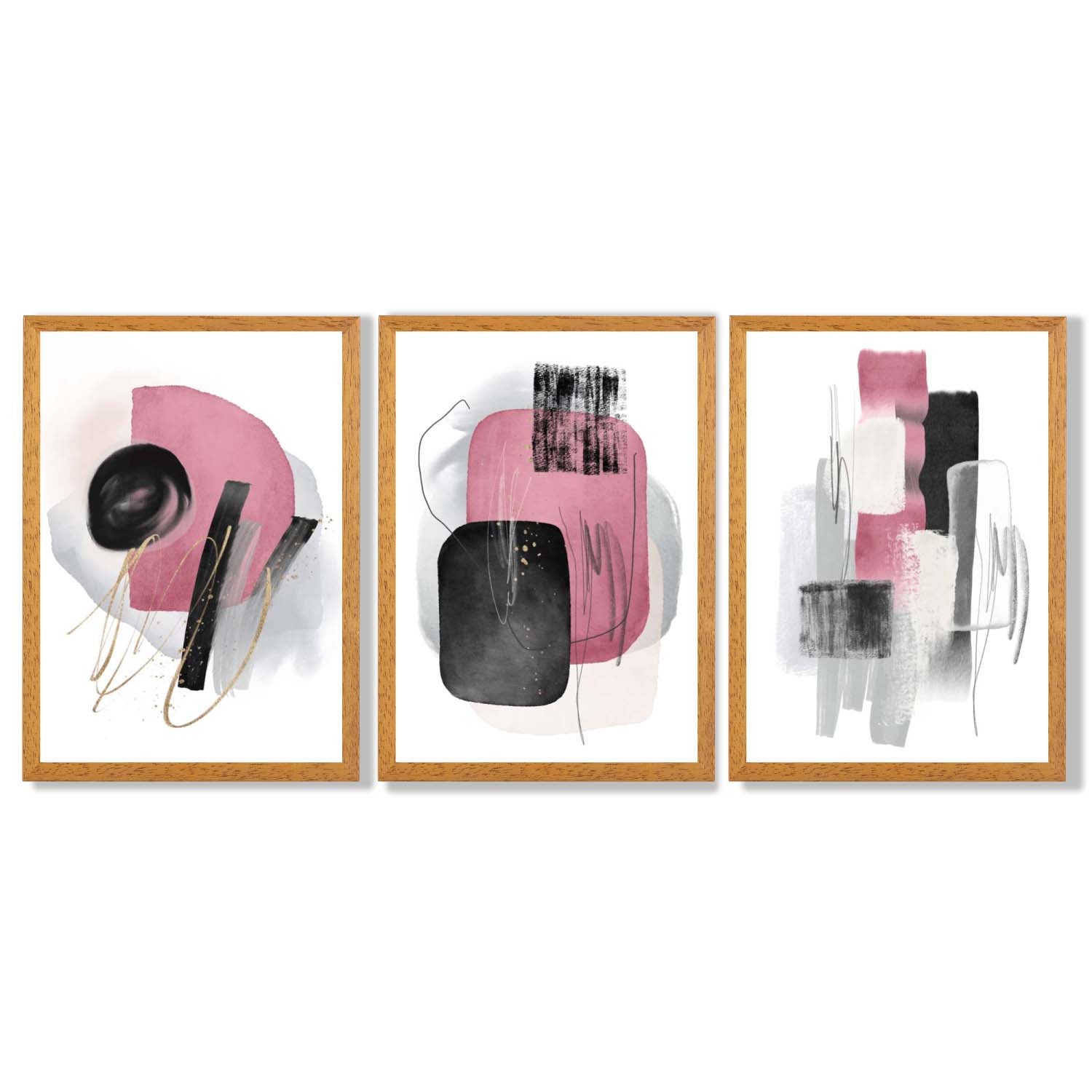 Set of 3 Abstract Black and Pink Watercolour Framed Art Prints with Oak Wooden Frames