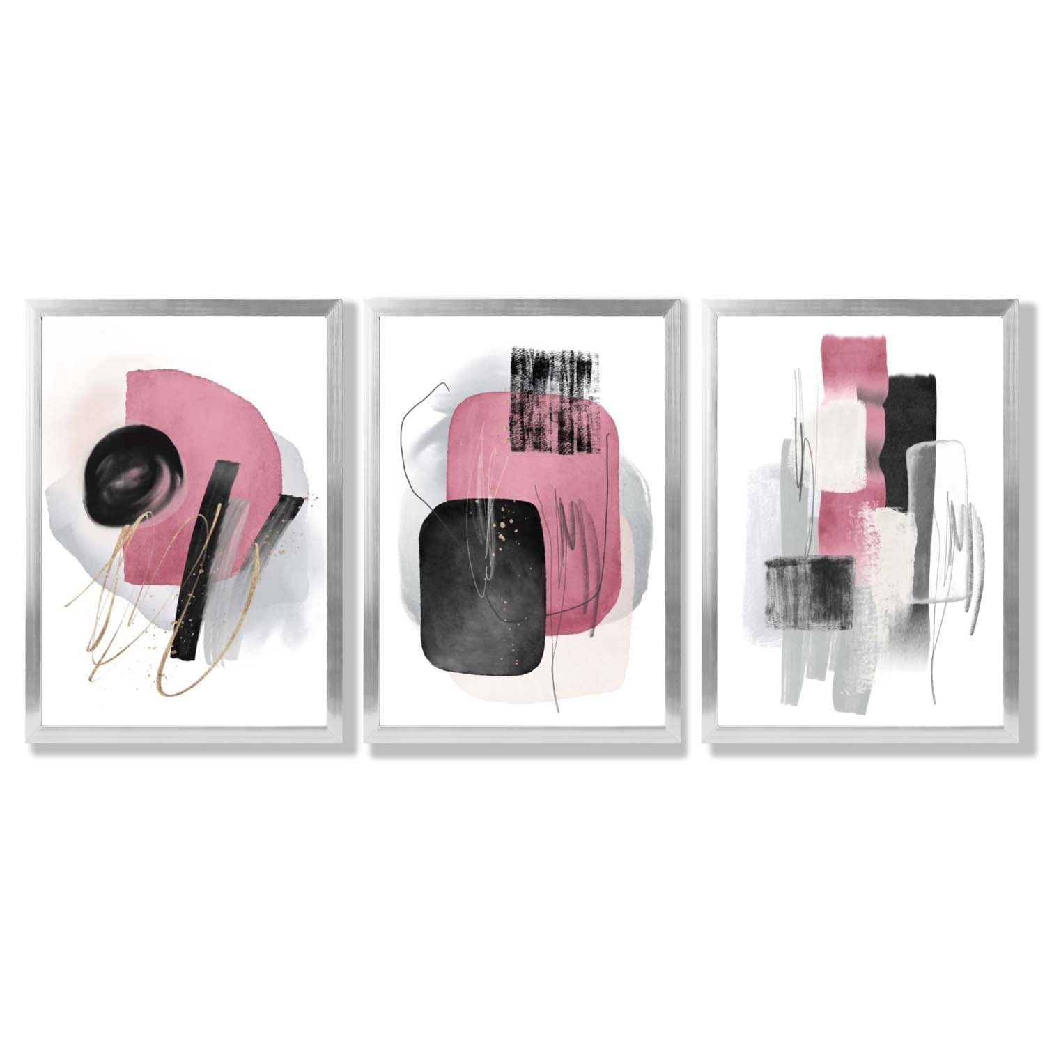 Set of 3 Abstract Black and Pink Watercolour Framed Art Prints with Silver Wood Frames