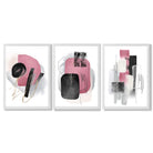 Set of 3 Abstract Black and Pink Watercolour Framed Art Prints with White Wooden Frames