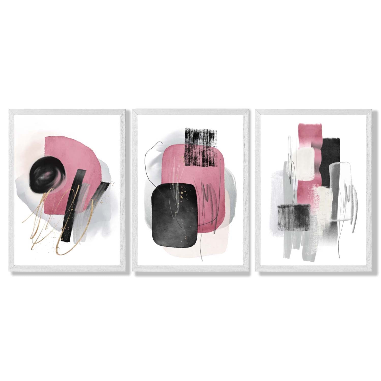 Set of 3 Abstract Black and Pink Watercolour Framed Art Prints with White Wooden Frames