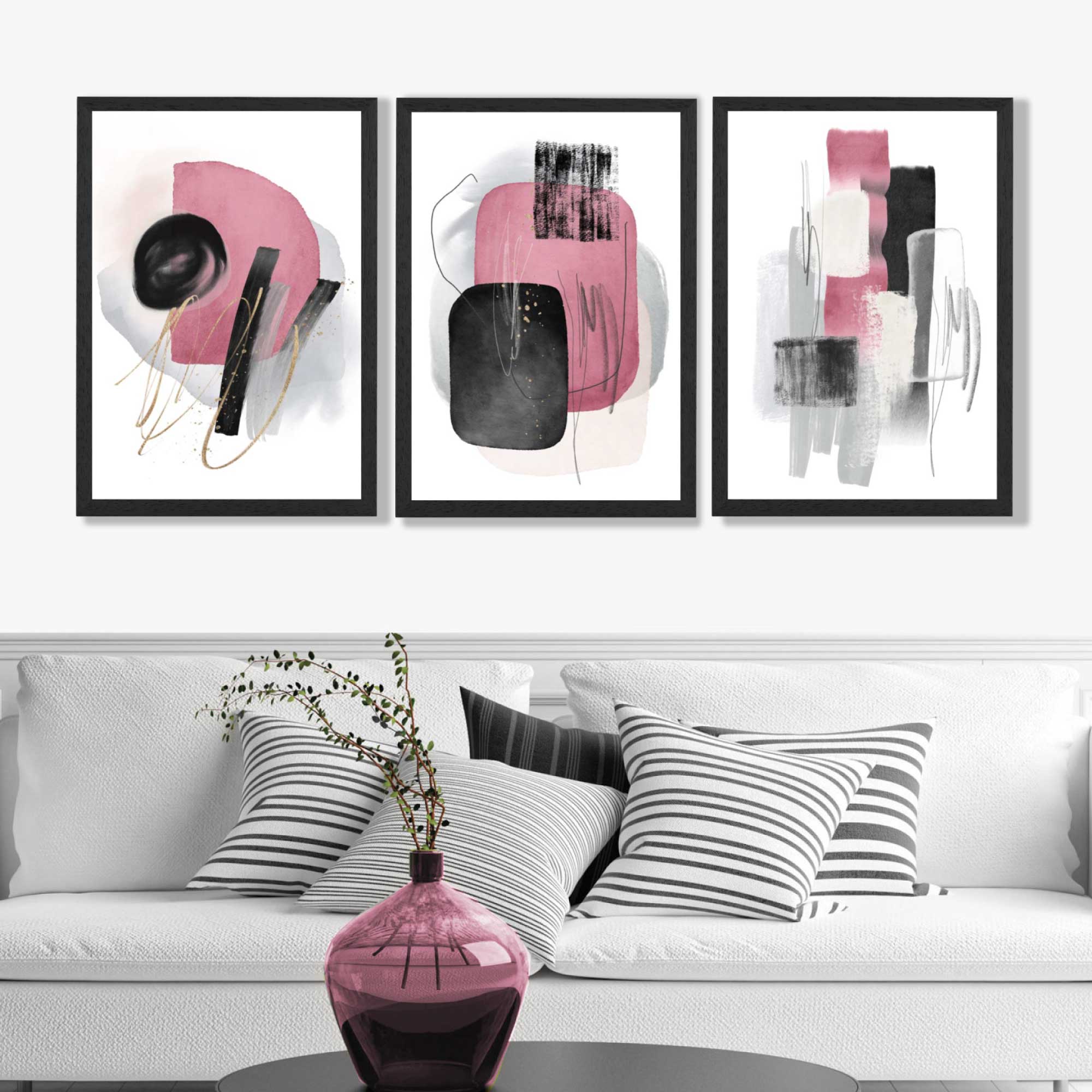 Set of 3 Abstract Black and Pink Watercolour Art Prints in Black Frames | Artze UK