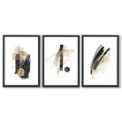 Set of 3 Abstract Black and Gold Fiesta Framed Art Prints with Black Wooden Frames