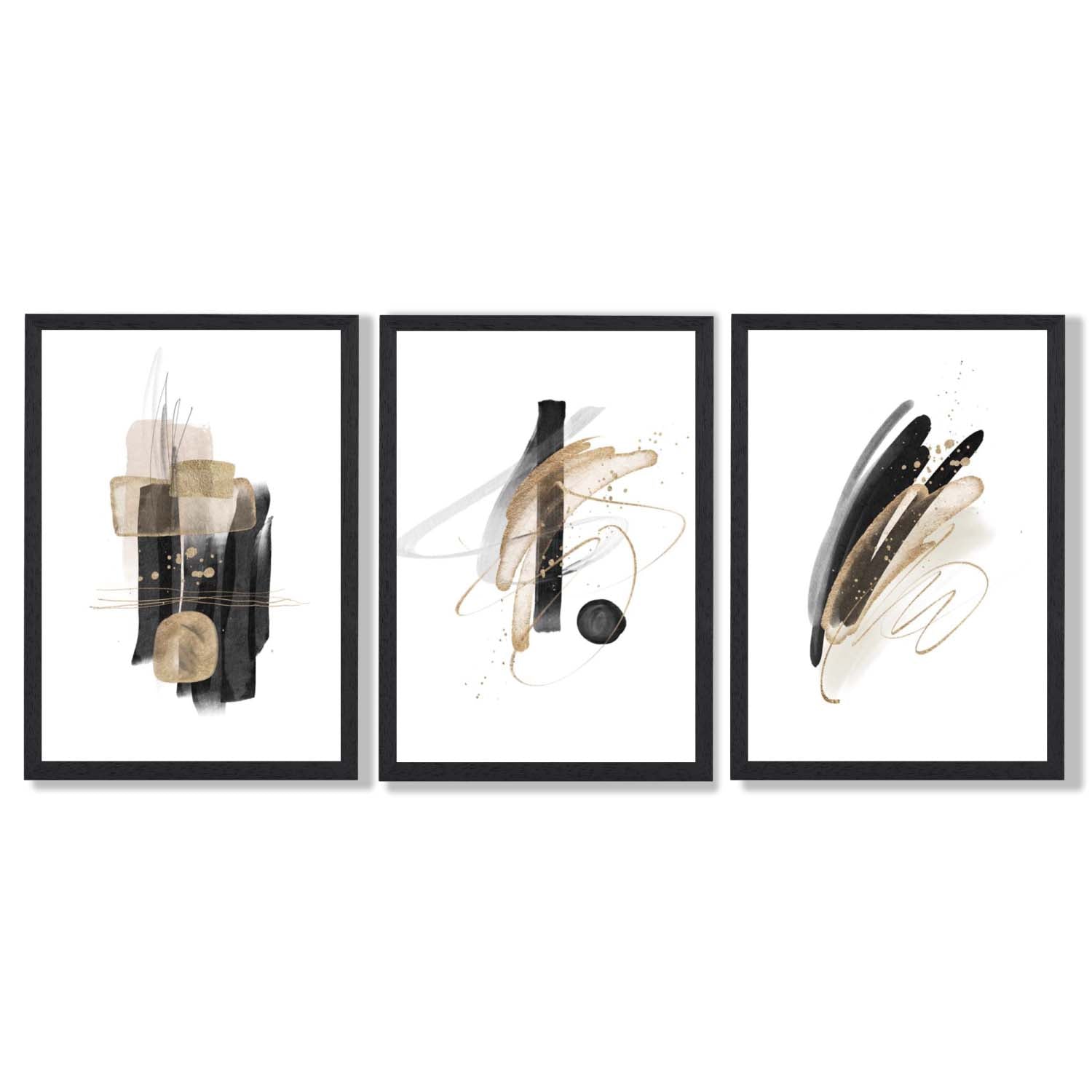 Set of 3 Abstract Black and Gold Fiesta Framed Art Prints with Black Wooden Frames