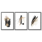 Set of 3 Abstract Black and Gold Fiesta Framed Art Prints with Dark Grey Wooden Frames