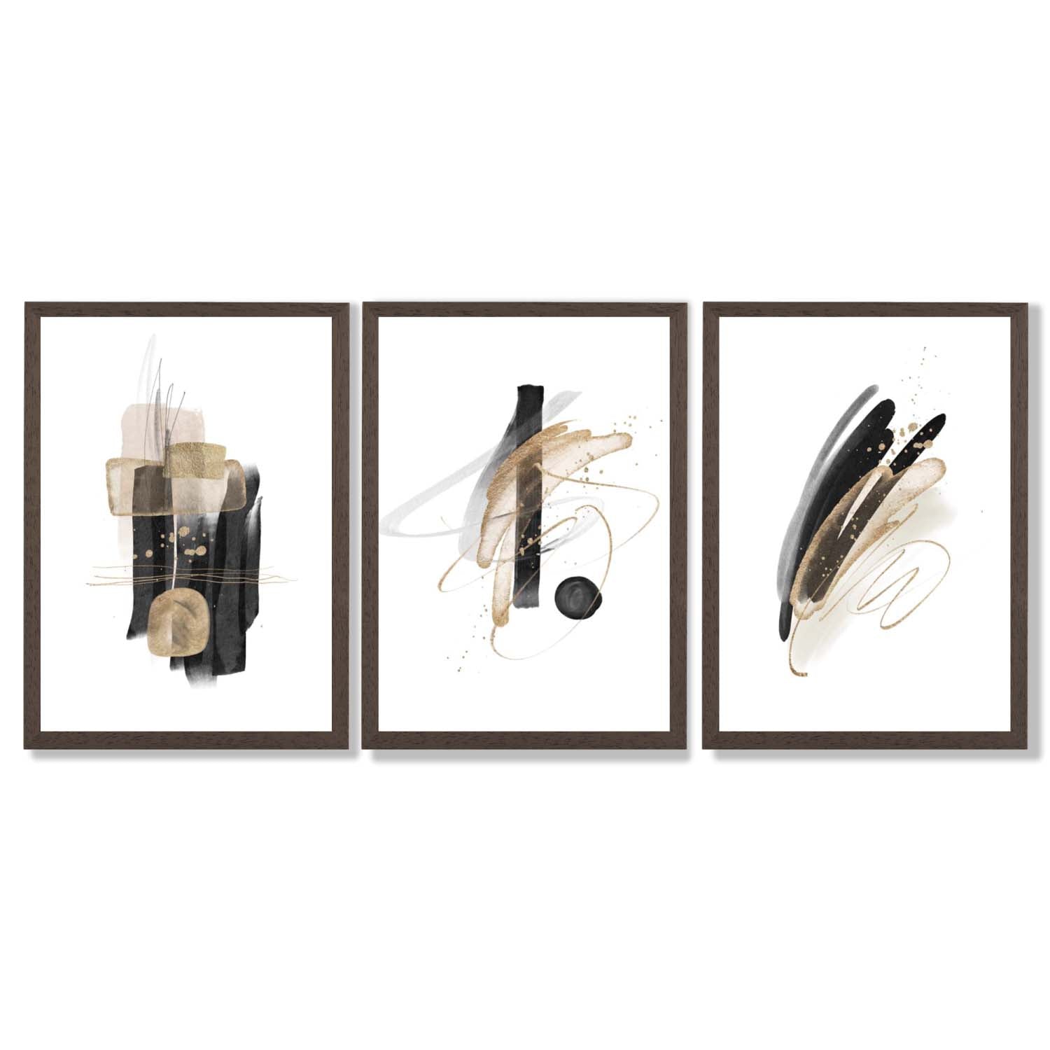Set of 3 Abstract Black and Gold Fiesta Framed Art Prints with Dark Wood Frames