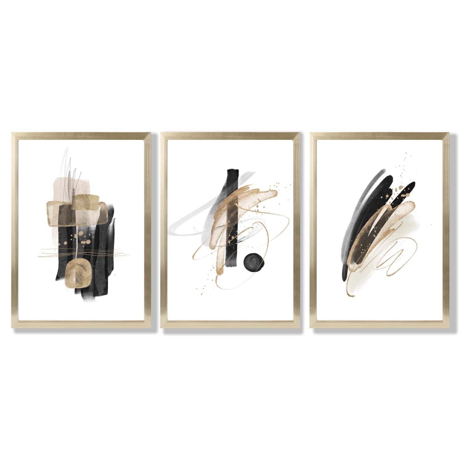 Set of 3 Abstract Black and Gold Fiesta Framed Art Prints with Gold Wood Frames