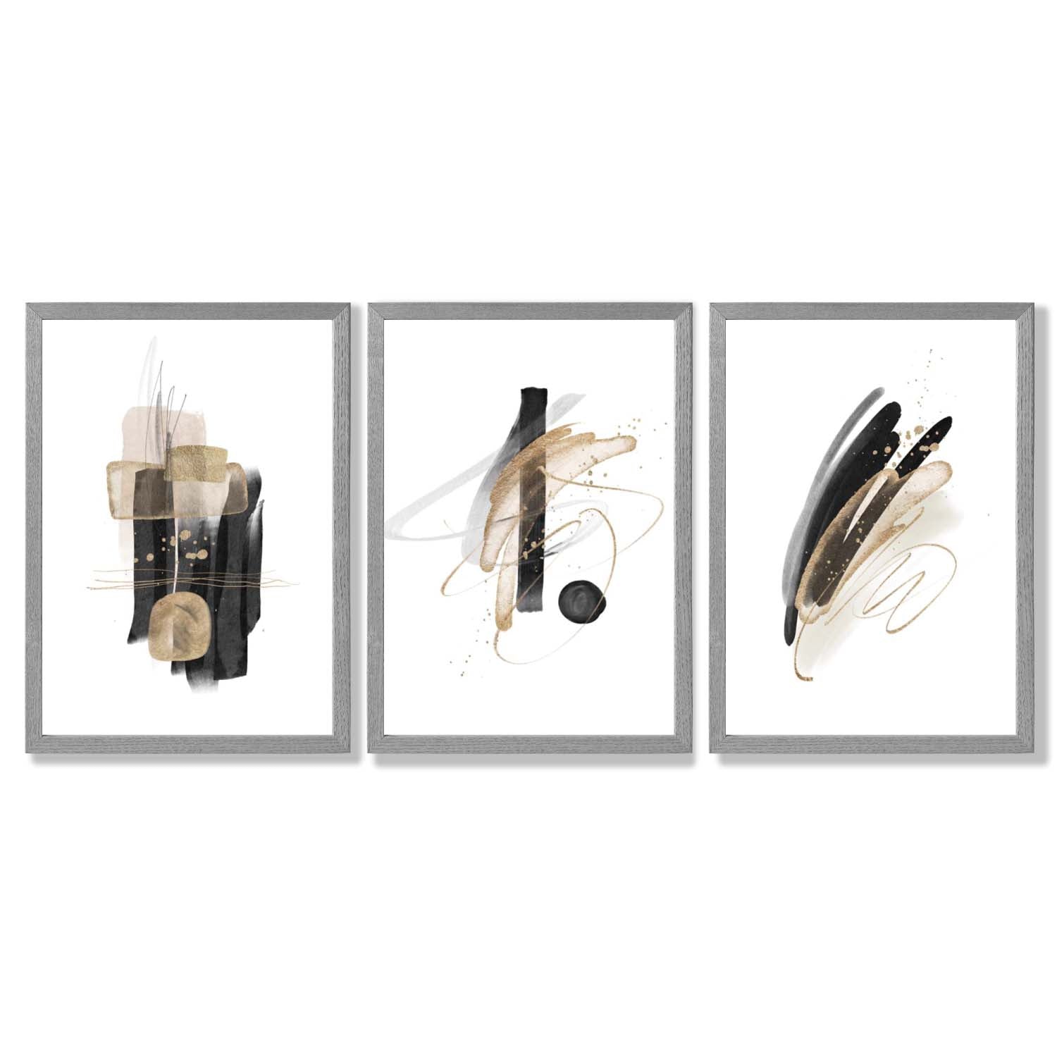 Set of 3 Abstract Black and Gold Fiesta Framed Art Prints with Light Grey Wooden Frames