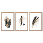 Set of 3 Abstract Black and Gold Fiesta Framed Art Prints with Light Oak Frames