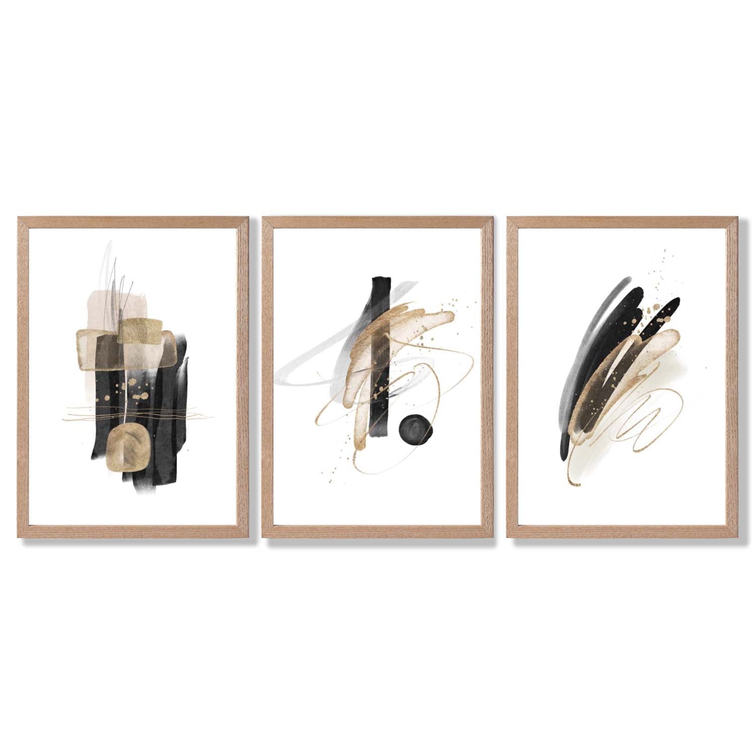 Set of 3 Abstract Black and Gold Fiesta Framed Art Prints with Light Oak Frames