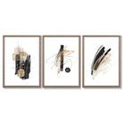 Set of 3 Abstract Black and Gold Fiesta Framed Art Prints with Light Walnut Frames