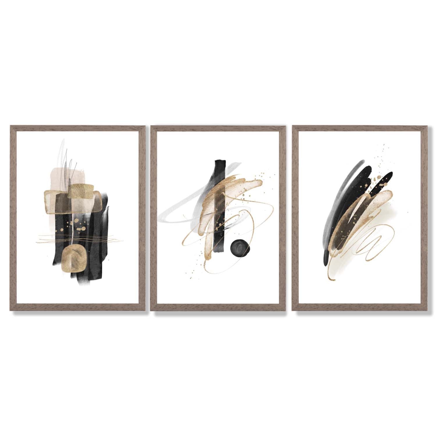 Set of 3 Abstract Black and Gold Fiesta Framed Art Prints with Light Walnut Frames