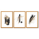Set of 3 Abstract Black and Gold Fiesta Framed Art Prints with Oak Wooden Frames