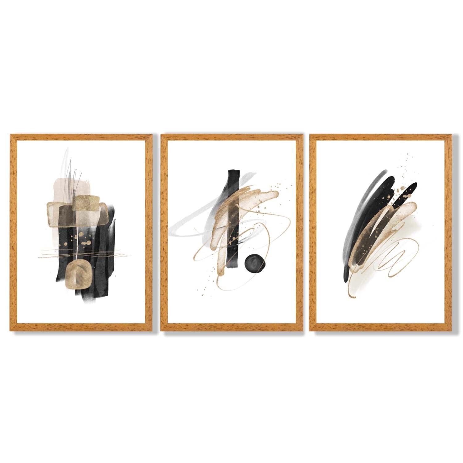 Set of 3 Abstract Black and Gold Fiesta Framed Art Prints with Oak Wooden Frames