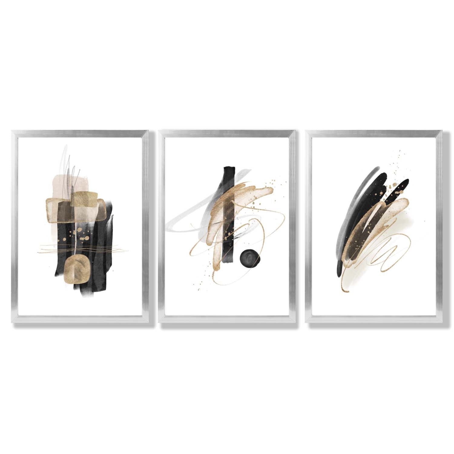 Set of 3 Abstract Black and Gold Fiesta Framed Art Prints with Silver Wood Frames