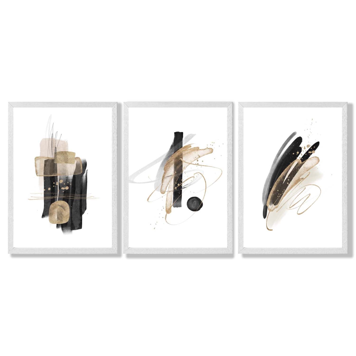 Set of 3 Abstract Black and Gold Fiesta Framed Art Prints with White Wooden Frames