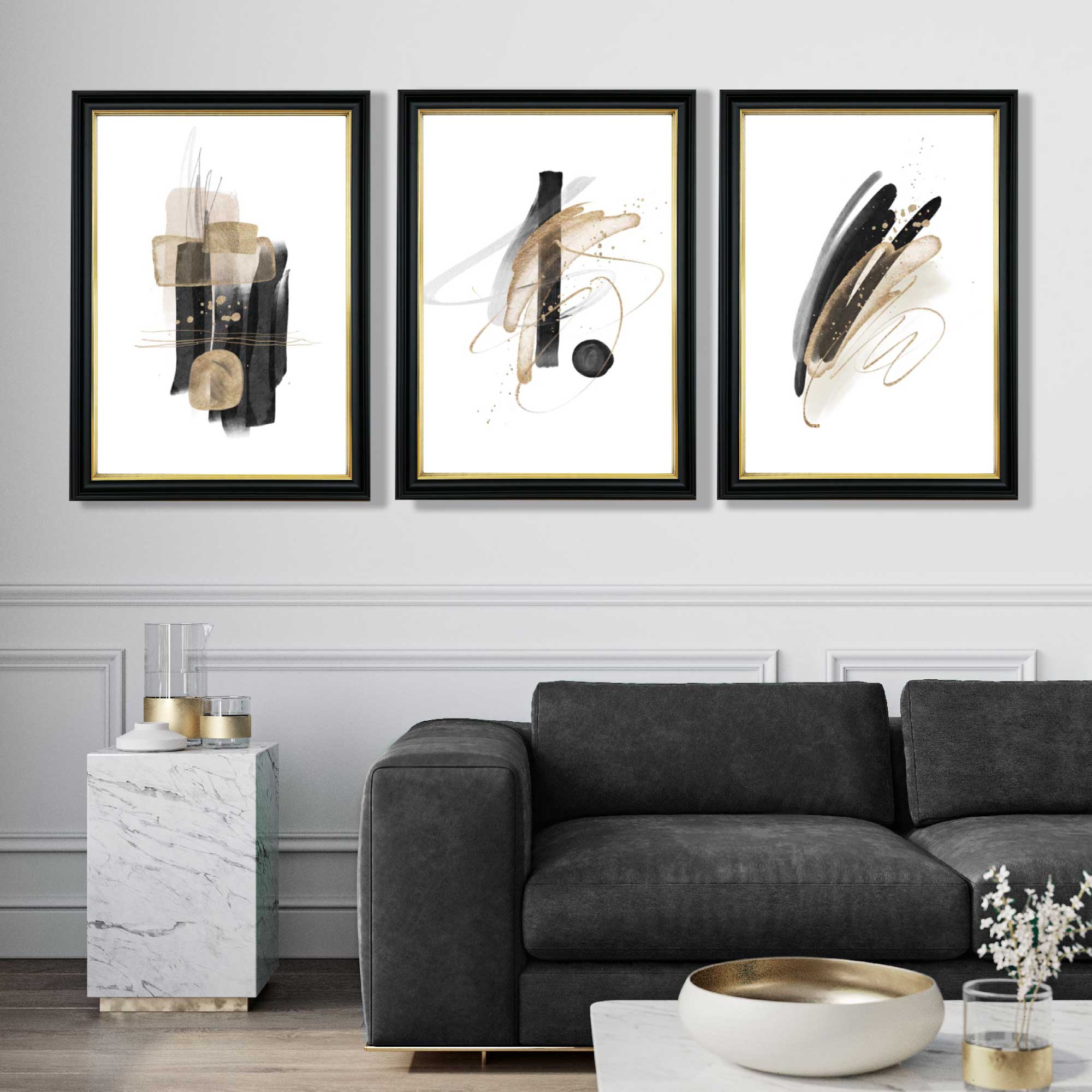 Set of 3 Abstract Black and Gold Fiesta Art Prints in Luxury Frames | Artze UK