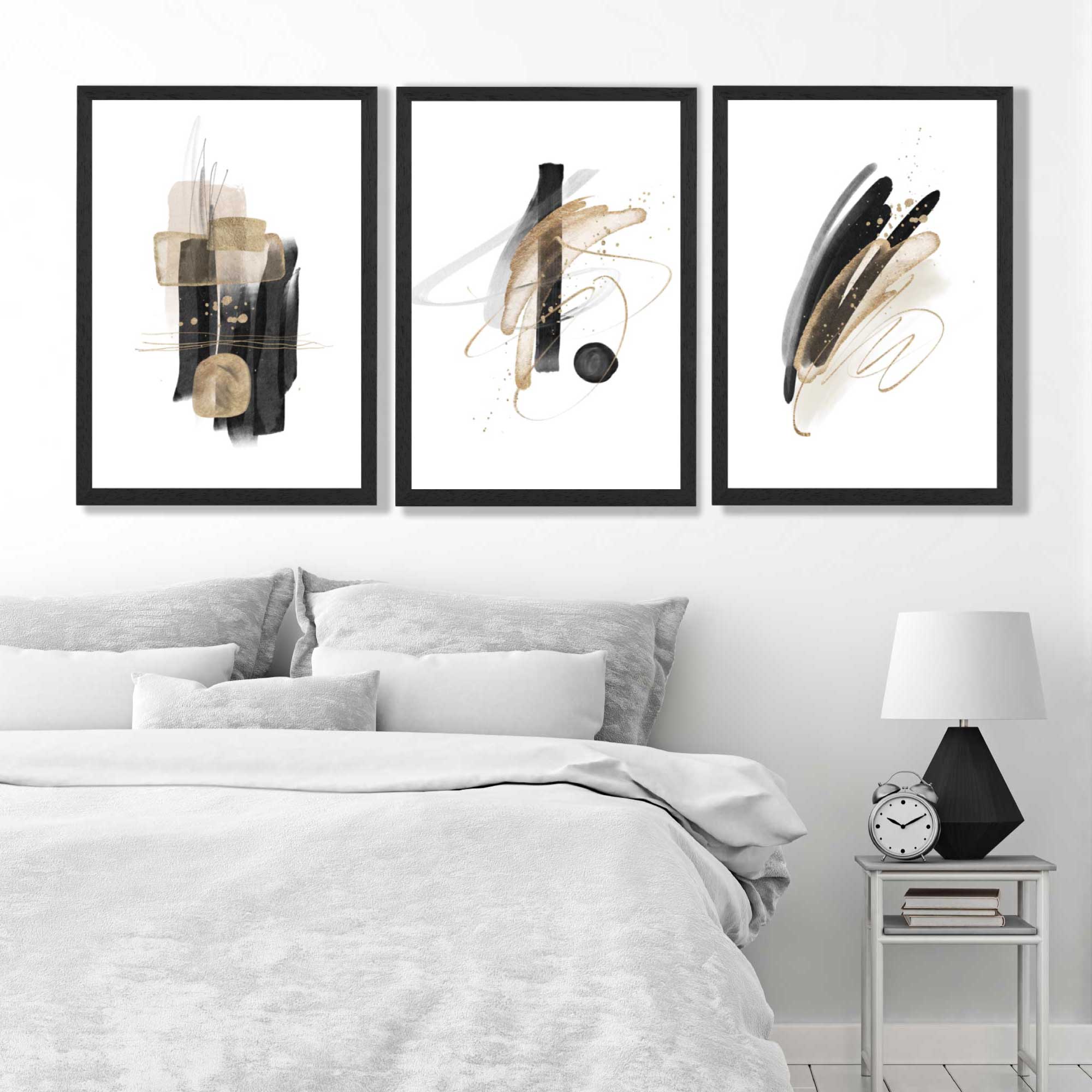 Set of 3 Abstract Black and Gold Fiesta Art Prints in Black Frames | Artze UK